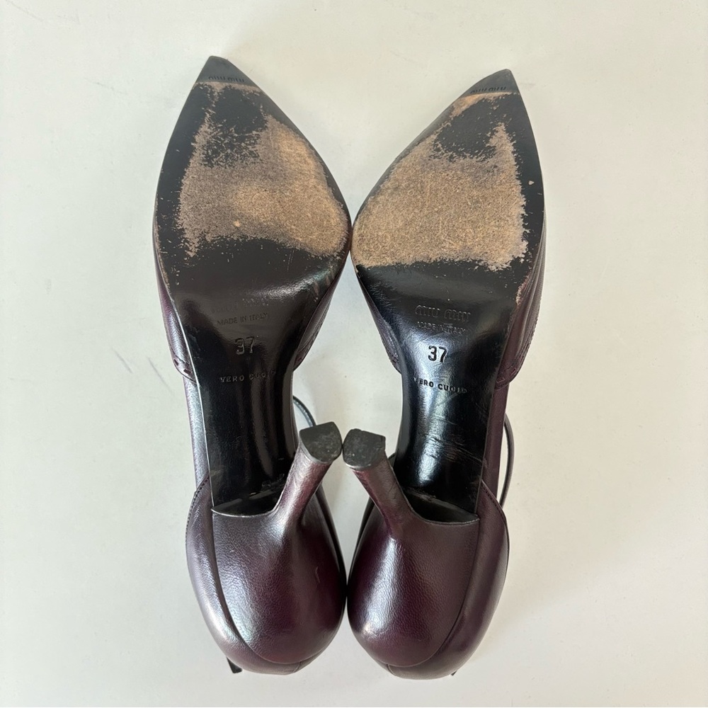 Miu Miu Dark Burgundy Leather Ankle Strap Pointed Toe Women’s Pump Heels US Sz 7 - Picture 10 of 13